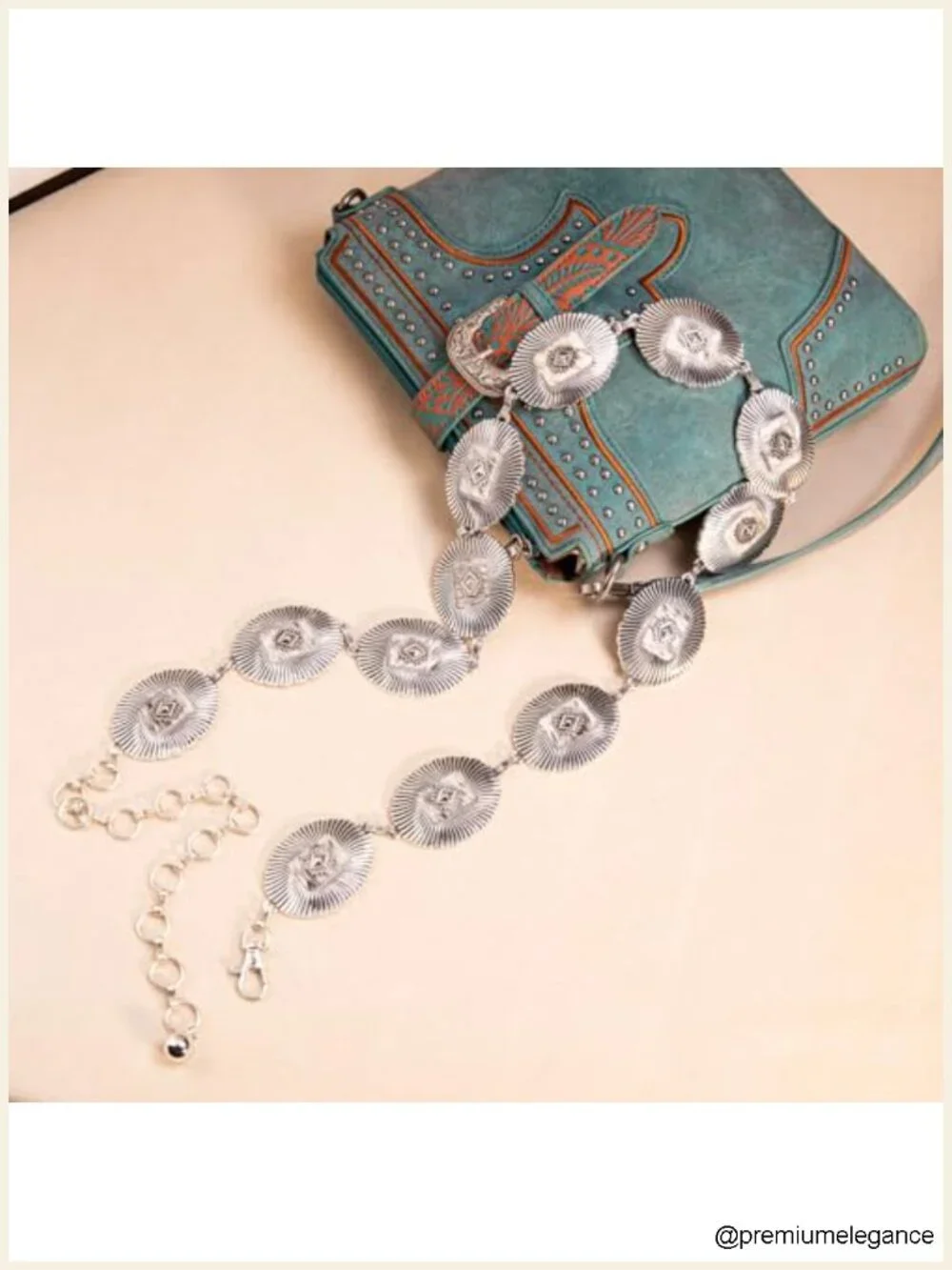 Western Concho Metal Belt with Real Horsehair and Turquoise - Adjustable Chain
